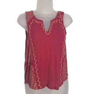 Lucky Brand Top Open Heart Paisley Red Womens Notch Neck Small P